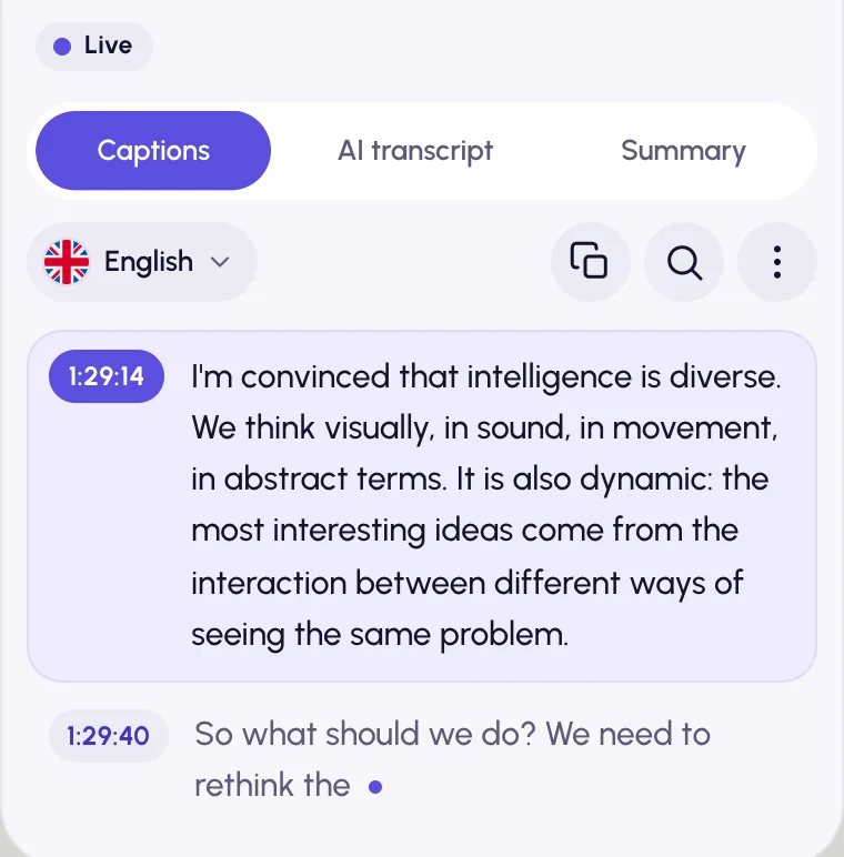 The panel on a live stream: a “Live” note and a transcript that keeps growing