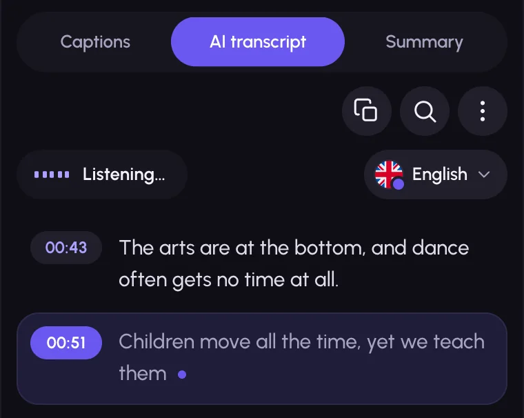 Pro Transcription listening: new lines with timestamps appear while the video plays