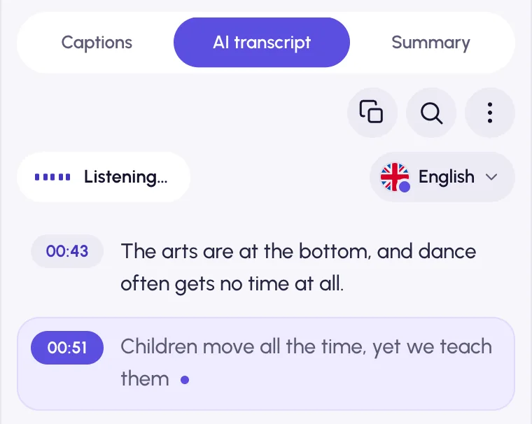 Pro Transcription listening: new lines with timestamps appear while the video plays