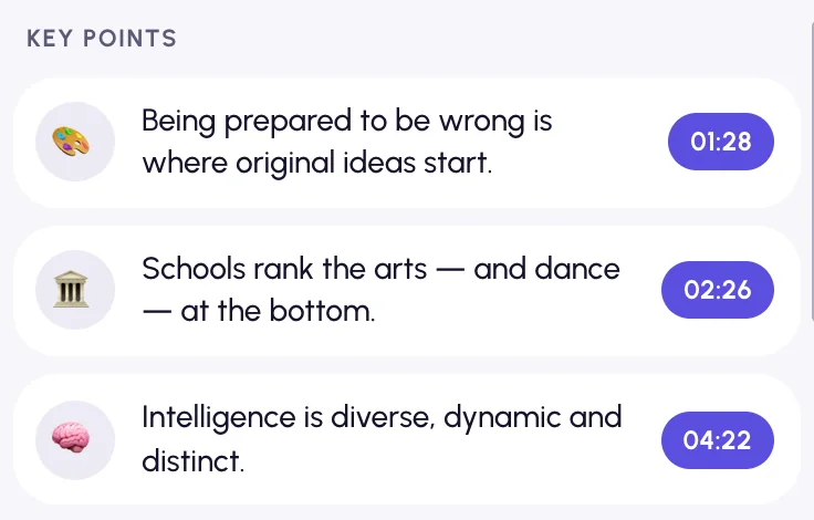 Key points of a summary: an emoji, the point and a timestamp that jumps to that moment